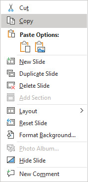 Copy in popup menu PowerPoint 365