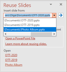 Files in Reuse Slides pane PowerPoint 365