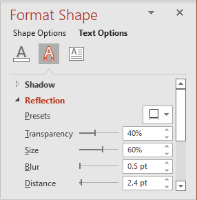 Reflection in Format Shape pane PowerPoint 365