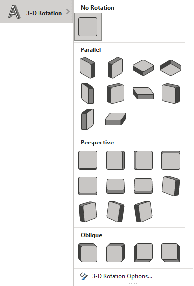 3-D Rotation list in PowerPoint 365