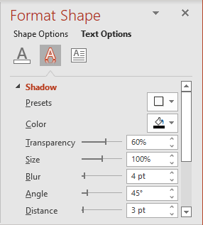 Shadow in Format Shape pane PowerPoint 365