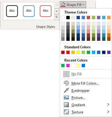 Shape Fill list in Format tab PowerPoint for Microsoft 365 Shape Fill list in Format tab PowerPoint 365