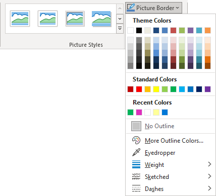 Picture Border list in Picture Format tab PowerPoint for Microsoft 365 Picture Border list in Picture Format tab PowerPoint 365