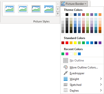 Picture Border list in Picture Format tab PowerPoint 365