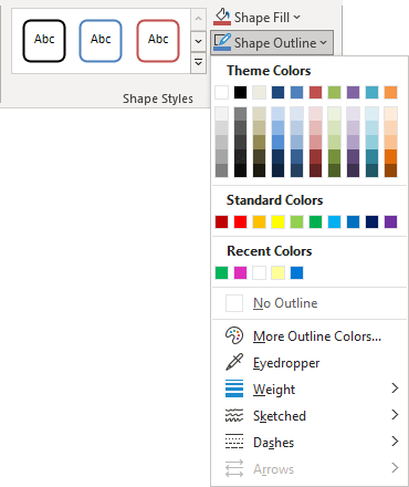 Shape Outline list in Shape Format tab PowerPoint 365