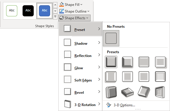 Presets in Shape Effects list, Shape Format tab PowerPoint 365