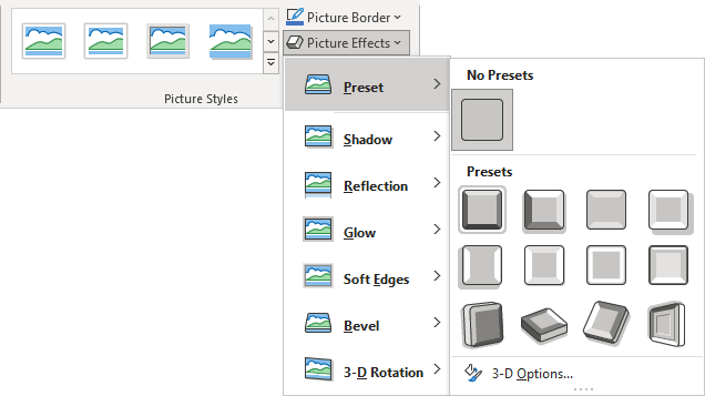 Presets in Picture Effects list, Picture Format tab PowerPoint 365