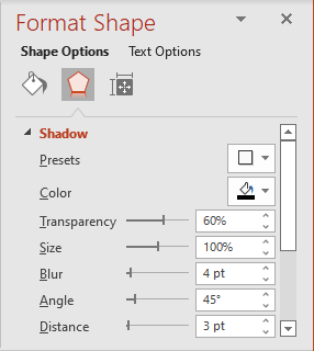 Shadow in Format Shape pane PowerPoint 365