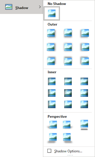 Shadow gallery in Picture Format tab PowerPoint for Microsoft 365 Shadow gallery in Picture Format tab PowerPoint 365