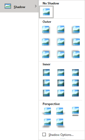 Shadow gallery in Picture Format tab PowerPoint 365