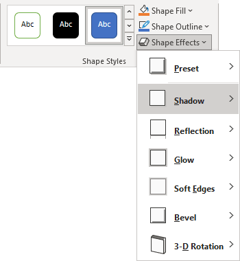 Shadow list in Shape Format tab PowerPoint 365