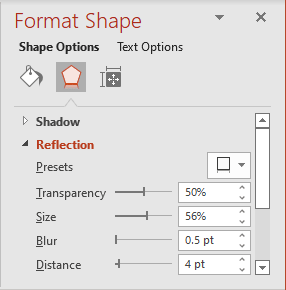 Reflection in Format Shape pane PowerPoint 365