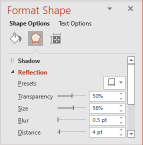 Reflection in Format Shape pane PowerPoint for Microsoft 365 Reflection in Format Shape pane PowerPoint 365