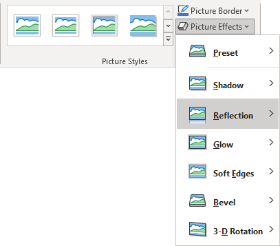 Reflection list in Picture Format tab PowerPoint 365