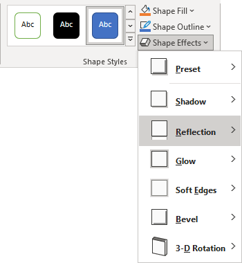 Reflection list in Shape Format tab PowerPoint 365