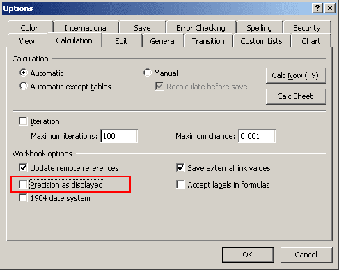 Options in Excel 2003