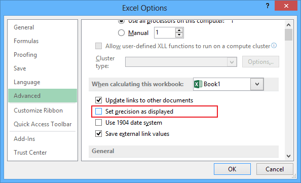 Advanced options in Excel 2013
