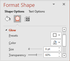 Glow in Format Shape pane PowerPoint for Microsoft 365 Glow in Format Shape pane PowerPoint 365