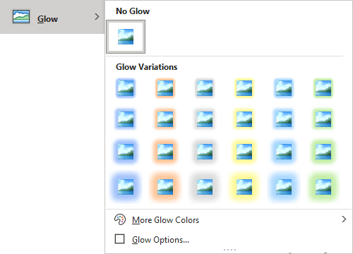 Glow gallery in Picture Format tab PowerPoint for Microsoft 365 Glow gallery in Picture Format tab PowerPoint 365