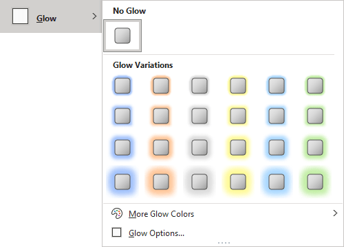 Glow gallery in Shape Format tab PowerPoint for Microsoft 365 Glow gallery in Shape Format tab PowerPoint 365