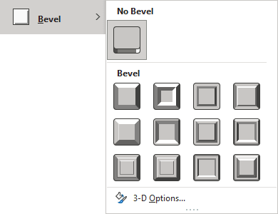 Bevel gallery in Shape Format tab PowerPoint for Microsoft 365 Bevel gallery in Shape Format tab PowerPoint 365