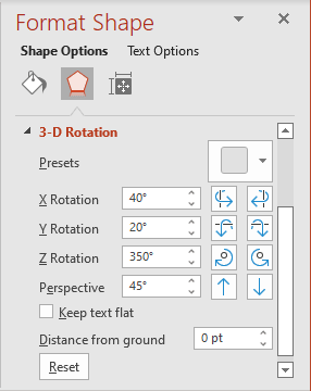 3-D Rotation in Format Shape pane PowerPoint 365