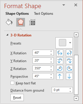 3-D Rotation in Format Shape pane PowerPoint for Microsoft 365 3-D Rotation in Format Shape pane PowerPoint 365