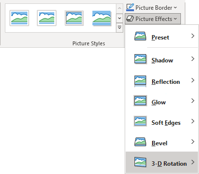 3-D Rotation list in Picture Format tab PowerPoint 365