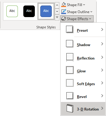 3-D Rotation list in Shape Format tab PowerPoint 365