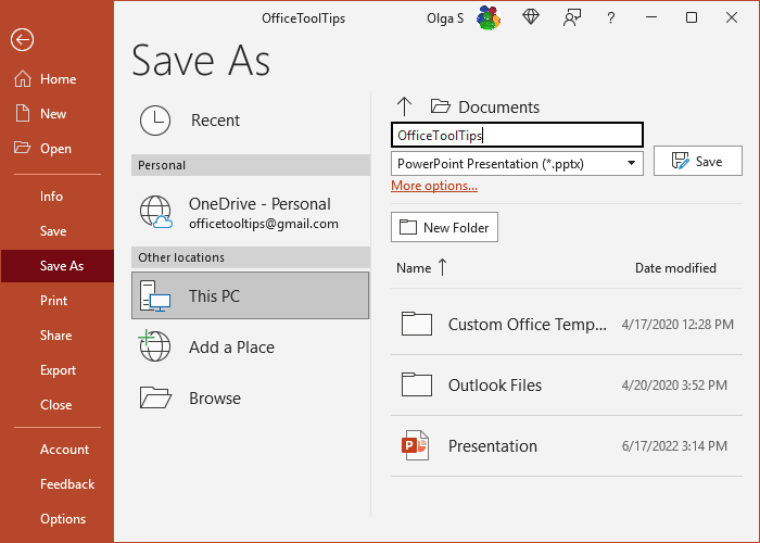 Save As pane in PowerPoint 365