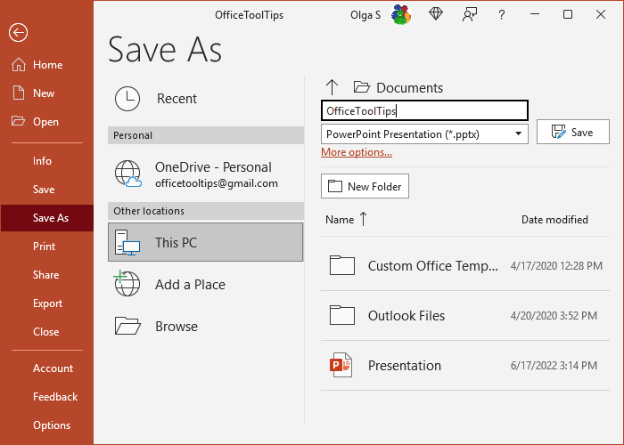 Save As pane in PowerPoint for Microsoft 365 Save As pane in PowerPoint 365