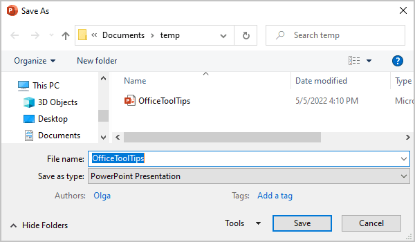 Save As dialog box in PowerPoint for Microsoft 365 Save As dialog box in PowerPoint 365
