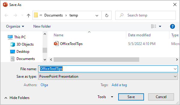 Save As dialog box in PowerPoint 365