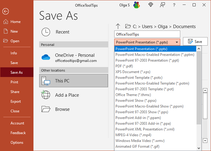 Save in different format in Save As pane PowerPoint 365