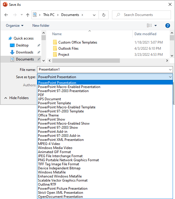 Save in different format in Save As dialog box PowerPoint 365