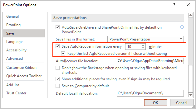 Save presentations options in PowerPoint 365