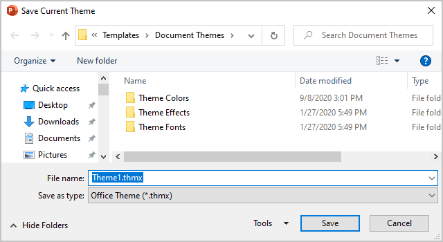 Save Current Theme dialog box in PowerPoint 365