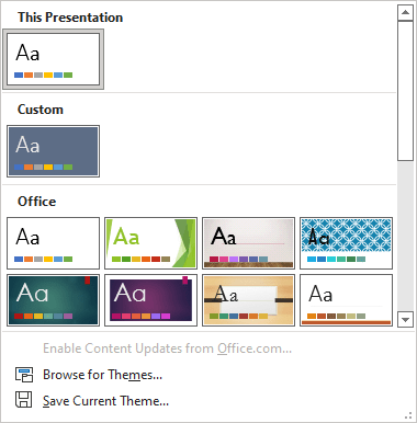 Themes gallery in PowerPoint 365