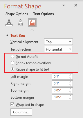 AutoFit options in Format Shape pane PowerPoint 365
