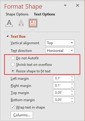 AutoFit options in Format Shape pane PowerPoint for Microsoft 365 AutoFit options in Format Shape pane PowerPoint 365
