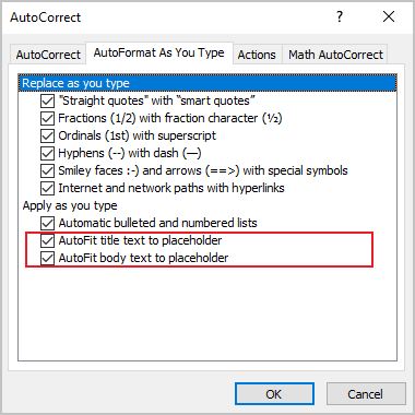 AutoFit options in AutoCorrect PowerPoint 365
