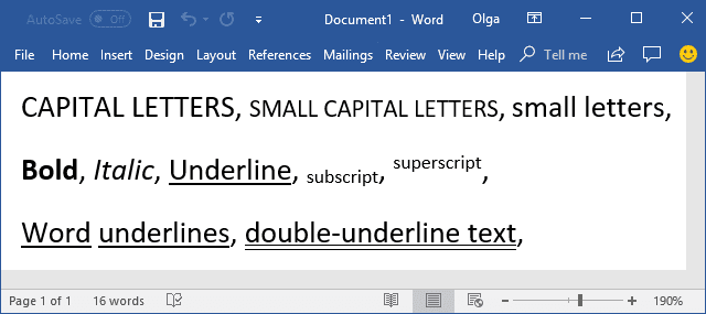 Shortcut Keys to control font format in Word 2016