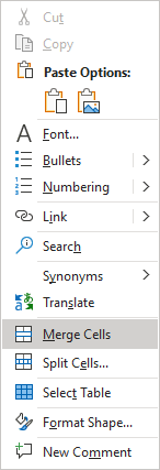 Merge Cells in popup menu PowerPoint 365