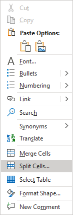 Split Cells in popup menu PowerPoint 365