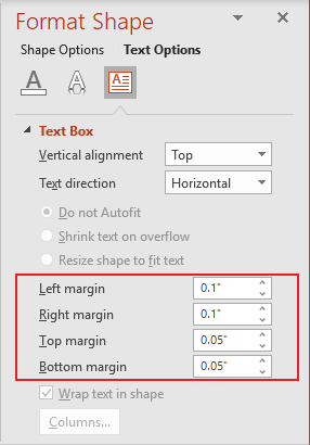 Cell Margins in Format Shape pane PowerPoint 365