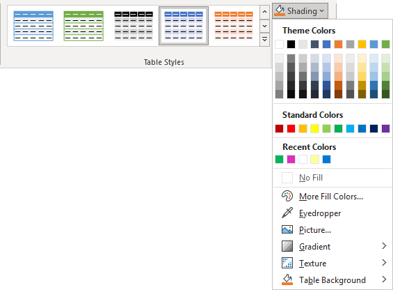 Shadding button for table in PowerPoint 365