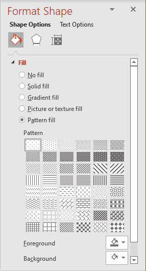 Pattern fill in Format Shape pane PowerPoint 365