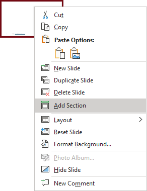 Add Section in popup menu 2 PowerPoint 365
