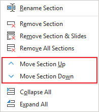 Move section options in popup PowerPoint 365