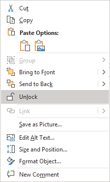 Unlock in popup menu PowerPoint 365